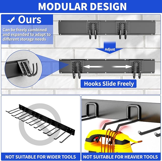 Garage Wall Organizer Wall Mount, 48inch Heavy Duty Garden Tool organizer Storage System, Easy Install With 6 Adjustable Hooks, For Garage, Basement, Shed, Workshop(Black)