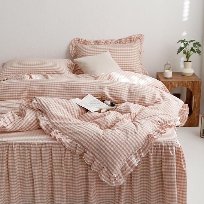mixinni Vintage Pink Gingham Ruffle Comforter Set 3-Piece Washed Cotton Full Size Grid Bedding Set with Geometric Checkered Pattern, Farmhouse Chic Soft Fluffy Comforter for All-Season