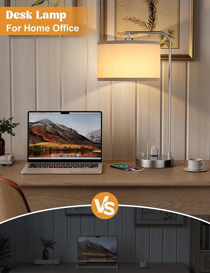 Gray Side Table Lamp with USB Port and Outlet, Dimmable Nightstand Bedside Lamps with Linen Lampshade, Desk Lamp for Bedroom, Living Room, Guest Room, Home Office, LED Bulb Included