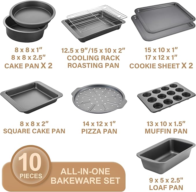 HONGBAKE Bakeware Sets, Baking Pans Set, Nonstick Oven Pan for Kitchen with Wider Grips, 10 Pieces Including Rack, Cookie Sheet, Cake Pans, Loaf Pan, Muffin Pan, Pizza Pan - Grey