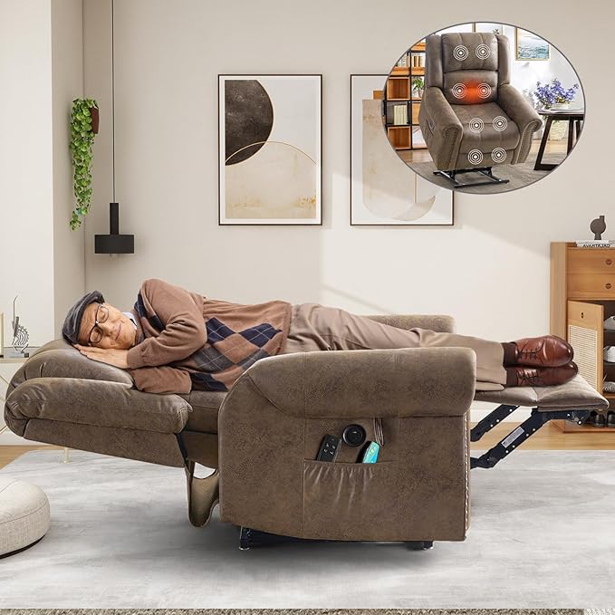 CDCASA Dual Motor Lay Flat Lift Chairs Recliners for Elderly w/Massage and Heat, Breathable Leather Infinite Position Large Sleeping Electric Power Lift Chair Recliner for Seniors, Matte Brown