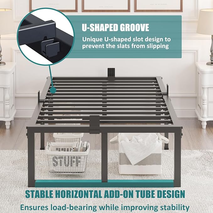 Twin XL Size Bed Frame, 18 Inch Heavy Duty Support 3500 lbs Metal Platform, No Box Spring Needed/Noise Free/Non-Slip/Steel Slat Support/Easy Assembly