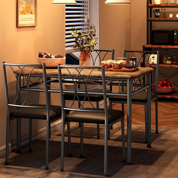 Dining Table Set for 4, Compact Kitchen Table with 4 Upholstered Chairs, 5-Piece Kitchen Table Set for Small Space, Dining Room, Apartment, Retro Brown