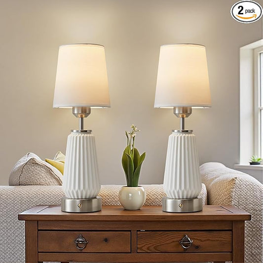 Farmhouse Ceramic Cordless Table Lamp Set of 2 with 4000mAh Rechargeable Battery Touch Dimmable Bedside Lamp for Bedroom, Living Room Portable Night Light with LED Bulbs Included,Silver