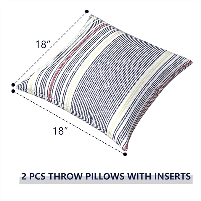 Outdoor Pillows for Patio Furniture 18x18 inch, Square Outdoor Throw Pillows with Inserts, Decorative Toss Pillows for Garden Couch Home Sofa Office Chair, Pack of 2, Stripe Denim Blue