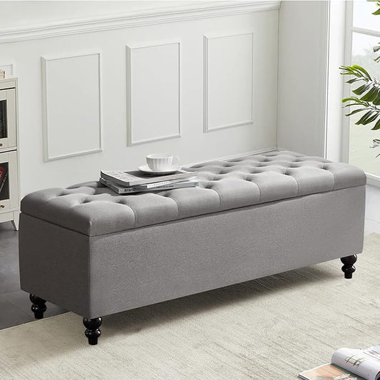 Storage Ottoman 50.2 Inches Upholstered Fabric Bench，Button Tufted for Living Room，Bedroom End of Bed Bench Withstands 303lbs (Grey)