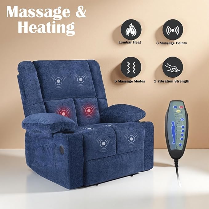Electric Power Lift Recliner Chair, Oversized Reclining Chair with 8 Massage,Recliner Single Sofa with 2 Cup Holders,Side Pockets,USB Charge Port,Remote Control for Living Room,Bedroom,Blue