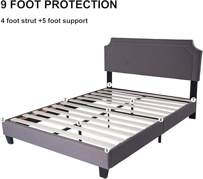 Bed Frame Upholstered Platform with Tufted Head Board Mattress Foundation with Wooden Slats Full/Queen Size for Bedroom School Students Kids Adults Storage Under 500lbs(Grey Fabric, Full)