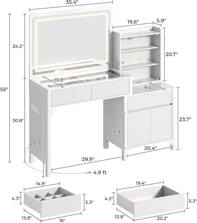 PRAISUN 55'' Large Makeup Vanity Desk with 35.4'' LED Mirror & Power Outlets, Painted Surface White Vanity with Glass Top, 3 Drawers and Cabinet, Fluted Big Dressing Vanity Table