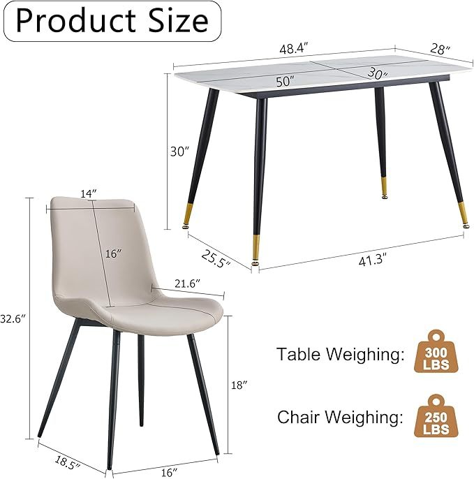 Marble Dining Table Set for 4, 50" Sintered Stone Dining Table and 4 Upholstered PU Leather Chair Dining Room Table Set for 4(1White Table and Gray Chairs Set of 4)