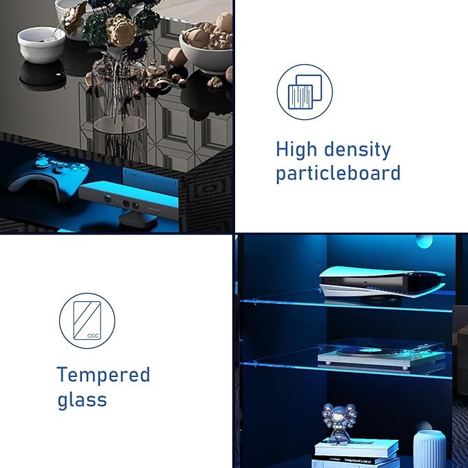 SUSSURRO LED TV Stand for 75/80 inch TV, Television Table Center Media Console with Drawer and Led Lights, High Glossy Modern Entertainment Center for Living Game Room Bedroom, Black