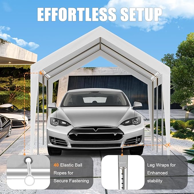 10'x20' Canopy Replacement Cover, Beefull Carport Replacement Canopy for Car Garage, Waterproof & UV Protected Tarp with Ball Bungees, White (Frame is not Included)