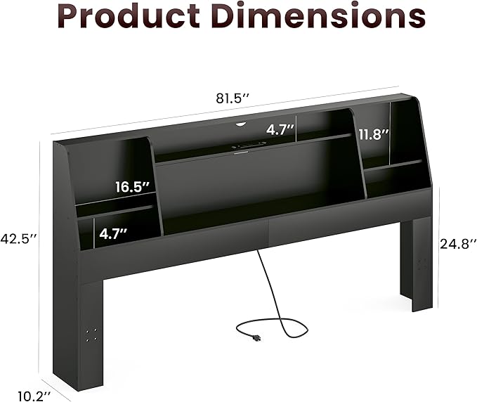 King Size Headboard Only, Wood Bookcase with Charging Station & 2 LED Lights for King Bed, Stylish Height Adjustable with Ample Storage for Bedroom, Noise-Free, Black