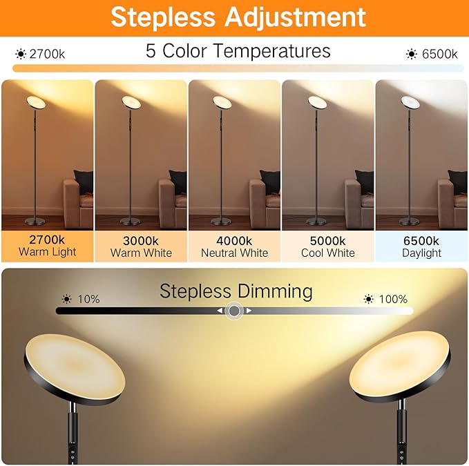 OUTON Smart RGB Floor Lamp, 36W LED Modern Torchiere Sky Lamp, Super Bright Stepless Dimmable Standing Tall Lamp with APP, Remote and Touch Control, LED Lamps for Living Room Bedroom,Gaming Room