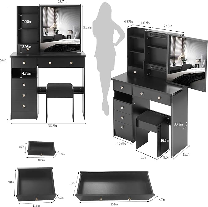 37" Vanity Desk with Mirror, Makeup Table with Sliding Mirror, Dressing Table with Multi Layer High Capacity Storage, Vanity Set with 6 Drawers and Stool for Bedroom, Black