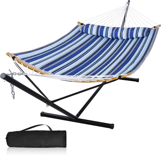 12 Ft Yard Hammock with Stand, 2 Person Hammock Freestanding with Curved Spreader Bar, Large Hammocks for Outside with Pillow and Portable Bag, Heavy Duty 450 lbs, Blue Stripes