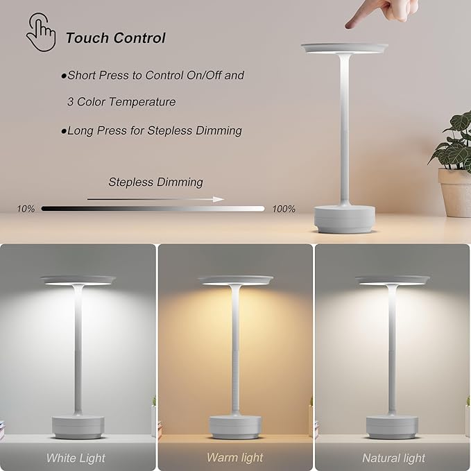 2 Pack Rechargeable Table Lamps Cordless, Portable 5000mAh Outdoor Table Light, 3 Color Stepless Dimming LED Table Lamp with Memory Function, for Home/Dinner/Patio/Restaurant.(Light Gray)