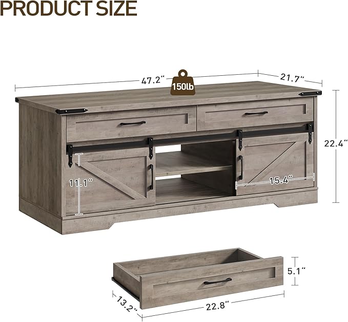 47" Farmhouse Coffee Table with Storage and 2 Drawers, Large Rustic Center Table with Sliding Barn Doors & Open Compartments, Wooden Coffee Table for Living Room, Greige