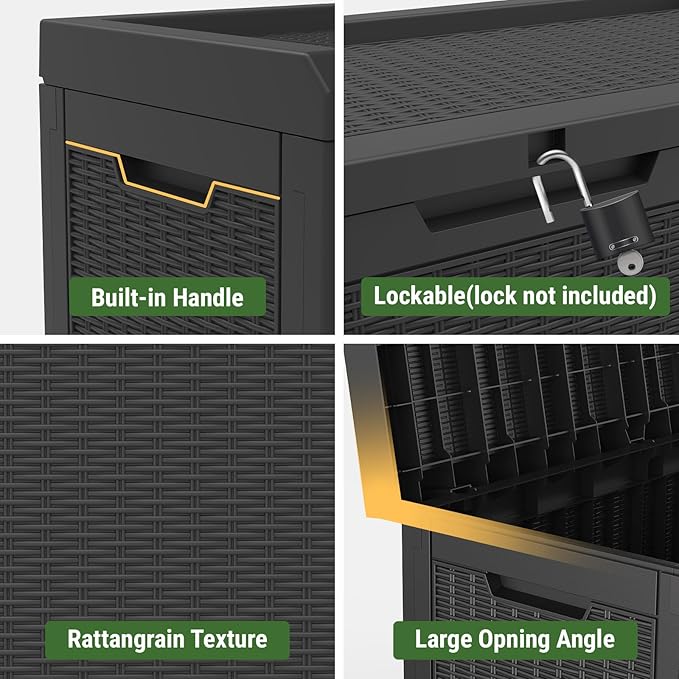 Mars Villa 60 Gallon Outdoor Storage Bench, Deck Box Waterproof Outside Resin Storage Bin for Outdoor Patio Furniture Cushions, Pool Supplies, Garden Tools, UV-Resistant and Weatherproof, Rattan Black