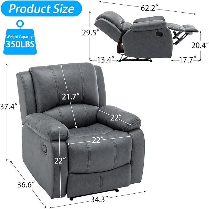 Manual Recliner Chair for Adults, Reclining Chairs, Breathable Leather Single Sofa with Adjustable Backrest, Modern Push Back Wingback Lounge Armchair for Living Room (Grey)