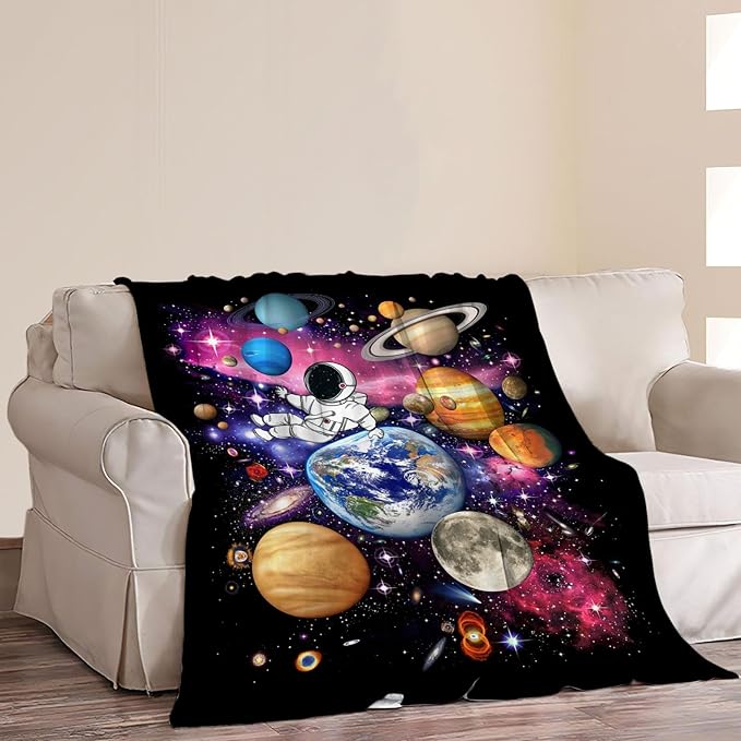 Space Blanket Galaxy Astronaut Throw Blankets Cozy Fleece Flannel Blanket Soft Warm Plush Lightweight Solar System Gifts Bedding for Boys Girls Teens Kids Adults for Couch Sofa Bed 50"X60"