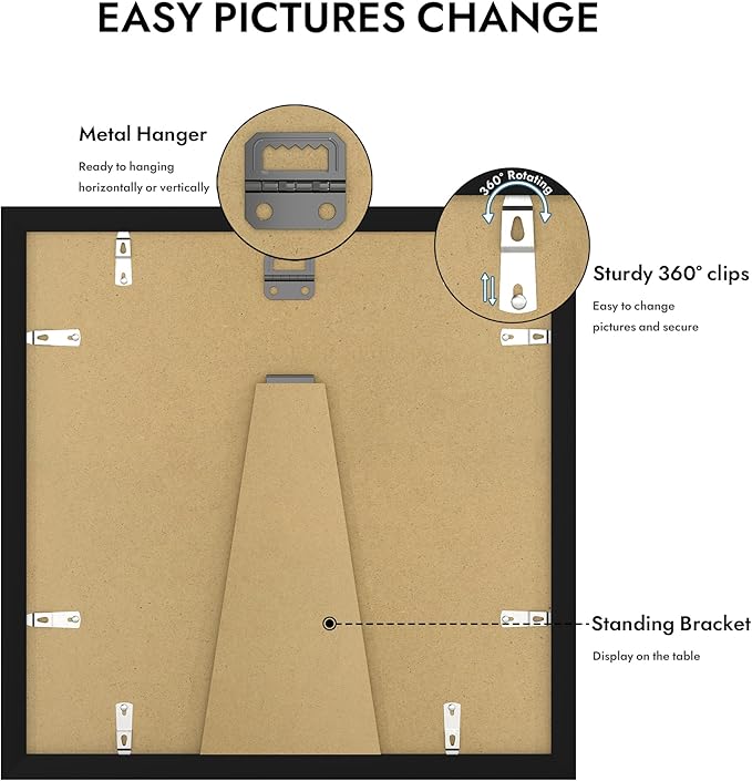 12x12 Picture Frame with Real Glass - 8x8 Wooden Frame with Mat, Horizontal and Vertical Display for Wall or Tabletop (Black, 1 Pack)