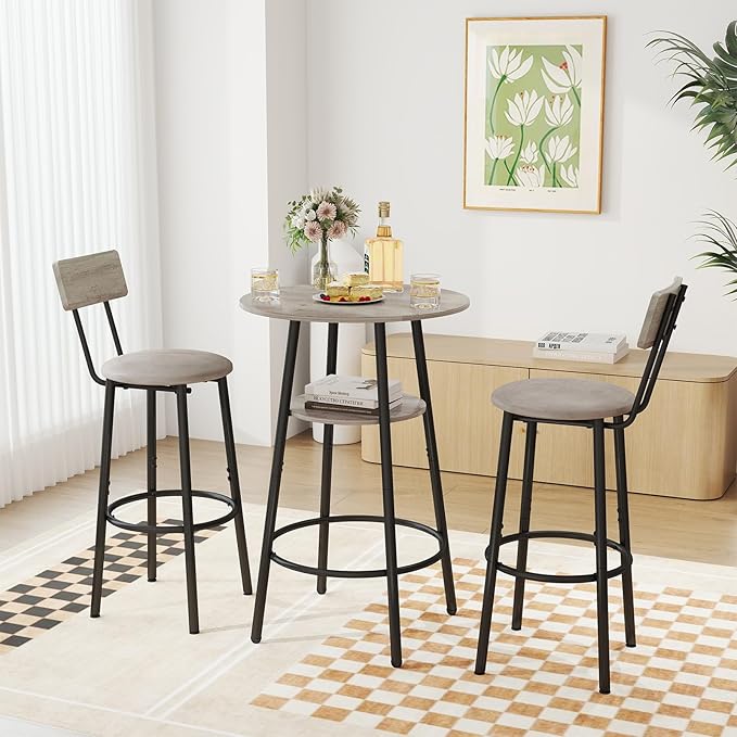 3 Pieces Round Bar Table Set, Small Dining Table for 2, Breakfast Table with Storage, Modern Kitchen Bar Table, 2 Upholstered Stools with Backrest for Kitchen, Dining Room & Bistro-Grey