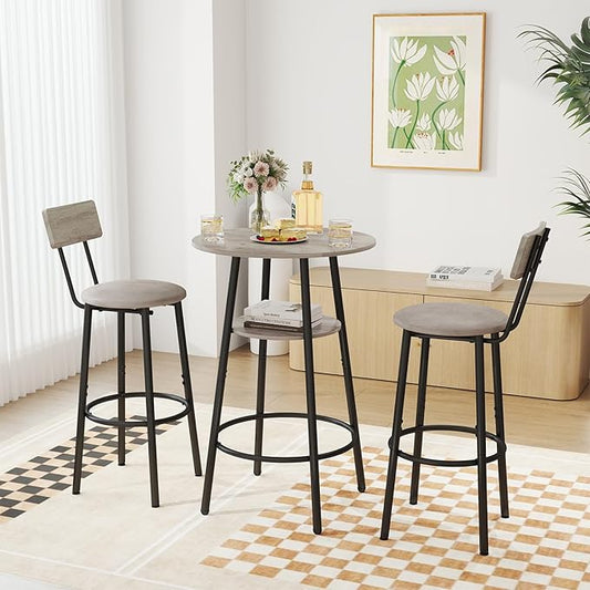 3 Pieces Round Bar Table Set, Small Dining Table for 2, Breakfast Table with Storage, Modern Kitchen Bar Table, 2 Upholstered Stools with Backrest for Kitchen, Dining Room & Bistro-Grey