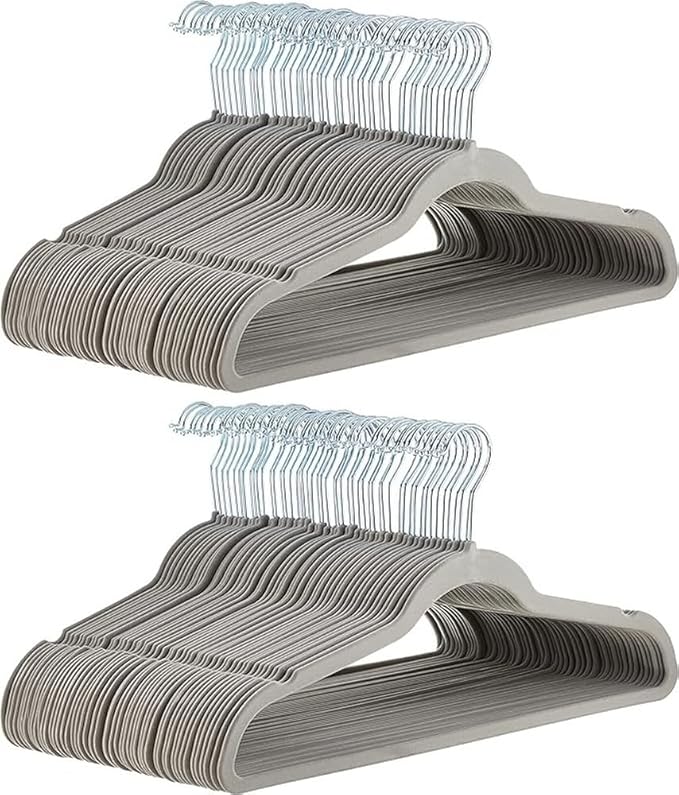 Amazon Basics Slim, Velvet, Non-Slip, Durable Suit Clothes Hangers for Closet, Coats, Pants, Shirts, Gray/Silver, Pack of 100
