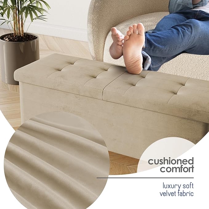 STORAGEBUD Storage Ottoman Bench with Bins, 43-in Storage Bench for Bedroom End of Bed, Folding Foot Rest Ottoman for Living Room Max 660lbs, Velvet Ottomans, Beige