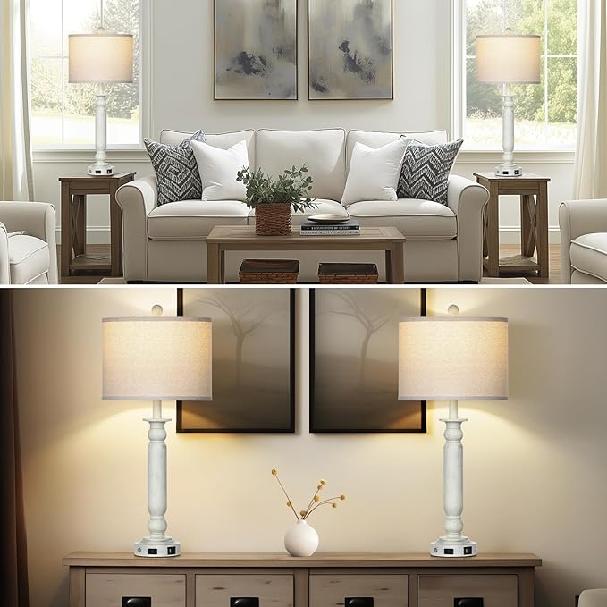 28.5" Farmhouse Table Lamps Set of 2 with USB C+A Ports & AC Outlet for Vintage Living Room Retro Bedroom,3-Way Dimmable Touch Lamp Resin Bedside Lamps for Nightstand Side End Table,White-2