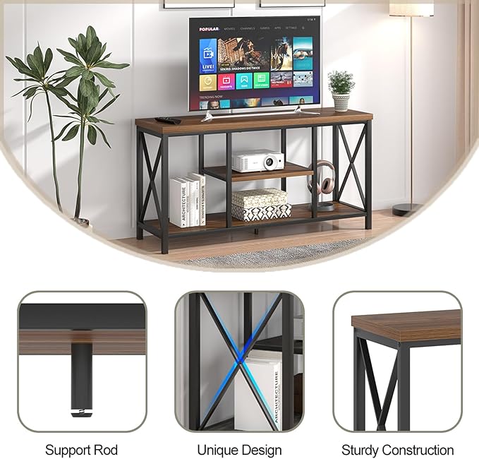 FOLUBAN Modern Entertainment Center for TVs up to 55 Inch, Rustic Wood Television Stands, Industrial TV Console and TV Cabinet for Living Room Bedroom, 47 Inch Rustic Walnut