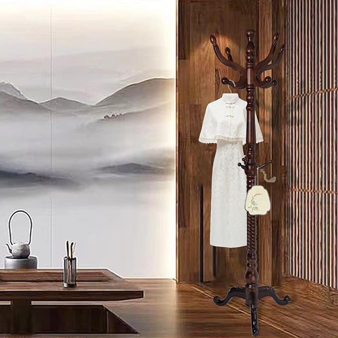 Coat Rack Freestanding, Wooden Tree Coat Rack Stand with 2 Adjustable Sizes Coat Tree and 11 Hooks, Sturdy Hall Tree with Tri-Legged Base for Entryway, Hallway, Bedroom (Walnut-Tri-Legged Base)