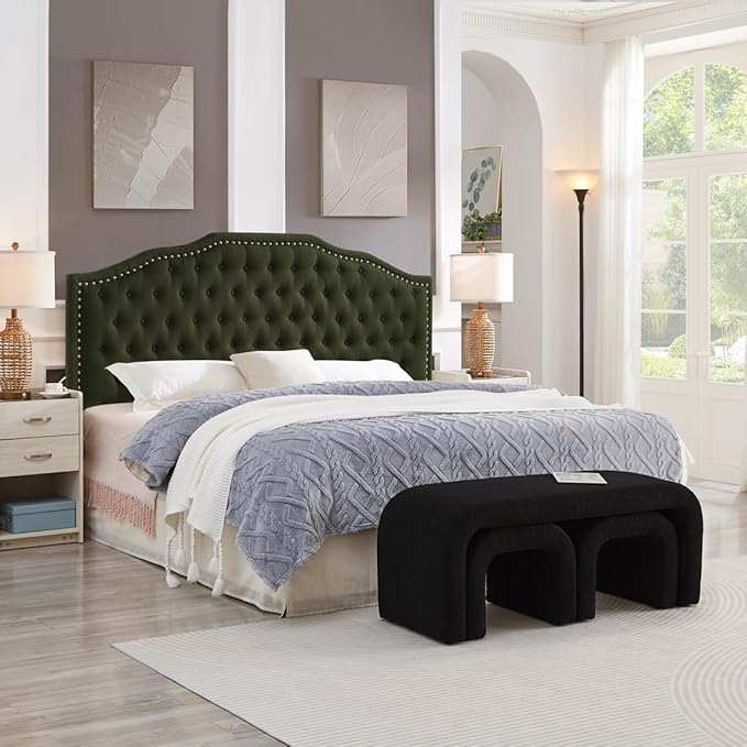 24KF Upholstered Button Tufted King Size Headboard with Nailhead Trim, Elegant Boucle Fabric California King headboard, 6031-K-Boucle-Dark Green