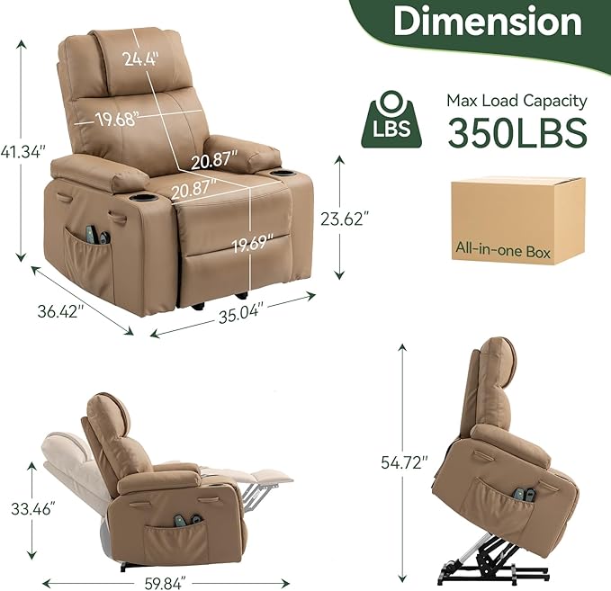 Power Lift Recliner Chair for Elderly with Heat & Massage, 160° Electric Adjustable PU Leather Recliner with Remote Control, Stand Assist, Cup Holders & Side Pockets for Living Room (Brown)