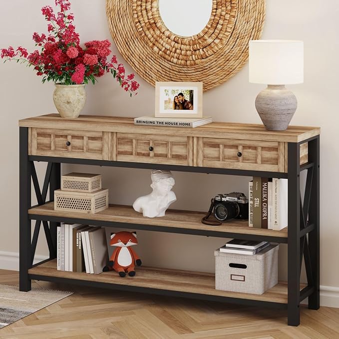 FATORRI Console Table for Entryway, Rustic Sofa Table with 3 Drawers for Living Room, Farmhouse Hallway Tables with Storage and Couch Tables Behind Sofa (54.72 Inch Long, Rustic Oak)