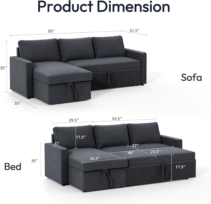 Sleeper Sofa Bed, Modular Sectional Couch with Pull Out Bed, L Shaped Sectional Convertible SofaBed with Storage Seat, for Living Room Apartment Bedroom Office Black Velvet