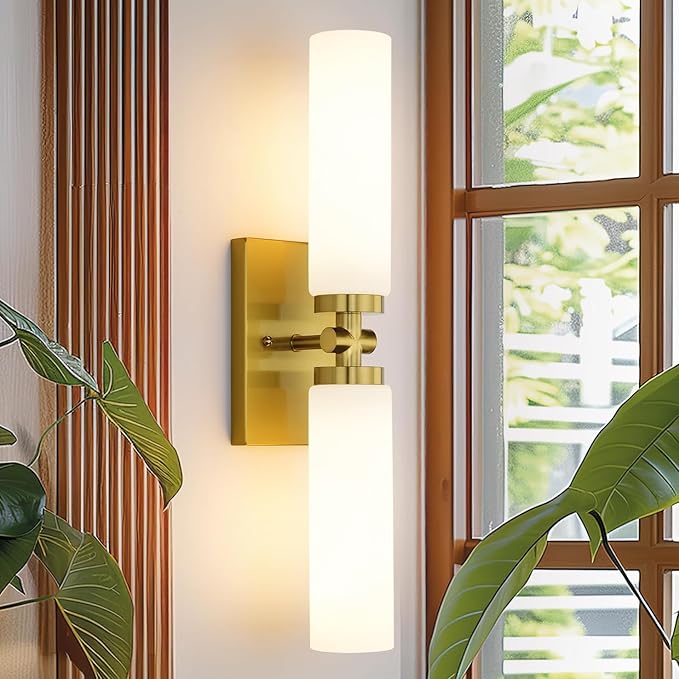Emak 21 Inch Brushed Gold Bathroom Light Fixtures, 2-Light Vanity Lights with Milk Glass Shade, Modern Wall Sconce for Bathroom, Mirror, VL086-BGD-ML-2
