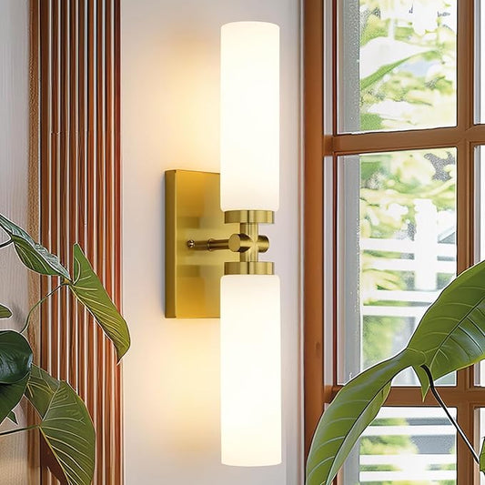 Emak 21 Inch Brushed Gold Bathroom Light Fixtures, 2-Light Vanity Lights with Milk Glass Shade, Modern Wall Sconce for Bathroom, Mirror, VL086-BGD-ML-2
