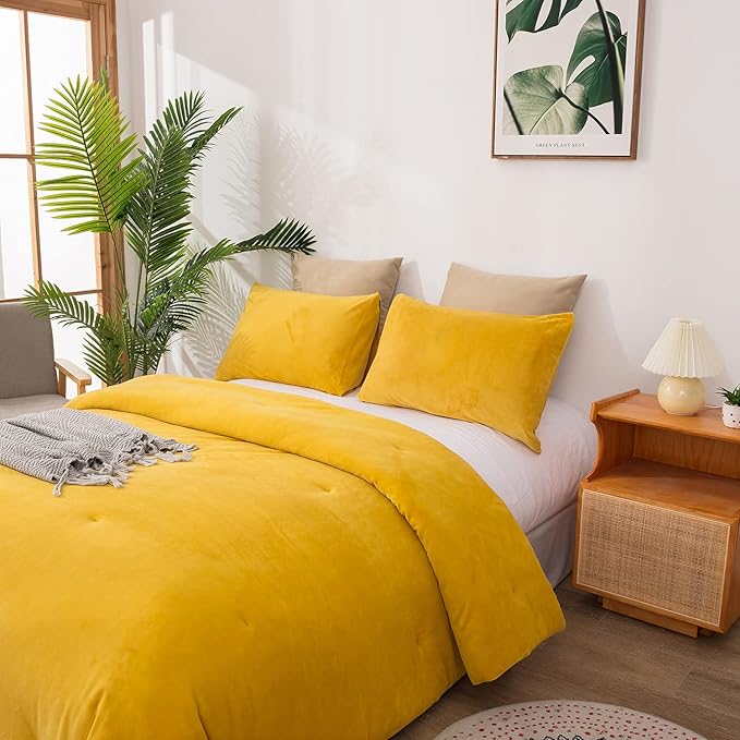 Luxlovery Mustard Velvet Comforter Set King Dark Yellow Fluffy Bedding Comforter Set Women Men Solid Heavyweight Winter Thick Warm Plush Flannel Comforter Set for Adults Teens…