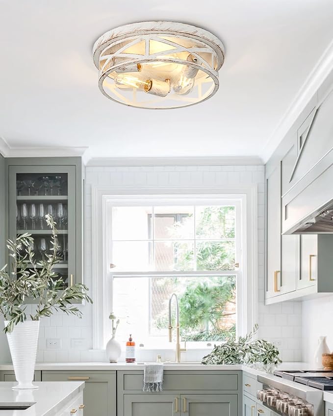 13 inch White and Gold Flush Mount Ceiling Light Fixtures,3-Light Modern Hallway Light Fixtures Ceiling, White and Gold Light Fixture Ceiling Mount for Farmhouse,Kitchen, Bedroom 2 Pack