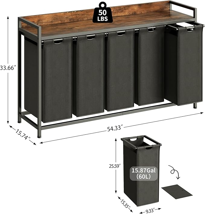 Laundry Hamper with Shelf, Laundry Basket 5 Section, Laundry Sorter with Pull-Out Removable Large Bags and Movable Wheels, Metal Frame, 5 x 15.87 Gallons (60L), Rustic Brown + Blck PF08XLY