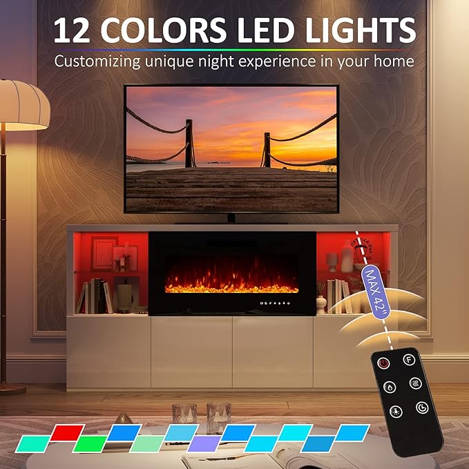 Modern Fireplace TV Stand for TVs up to 75", High Gloss Entertainment Center with 40" Fireplace, 4 Shelves & Storage Cabinets, Media Console Table 68 Inches, Gloss White