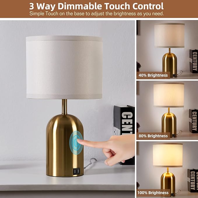 GyroVu Touch Control Table Lamps Set of 2, Bedside Table Lamps for Bedrooms Set of 2 Modern Living Room 3 Way Dimmable Gold Bedside Lamp for End Table with 2 USB Charging Ports, 2 Bulbs Included