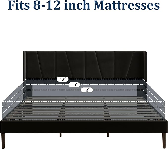 King Bed Frame with Headboard and Wingback, Velvet Upholstered Platform Bed, Mattress Foundation with Wooden Slat Support, No Box Spring Needed, Easy Assembly, Noise Free, Black