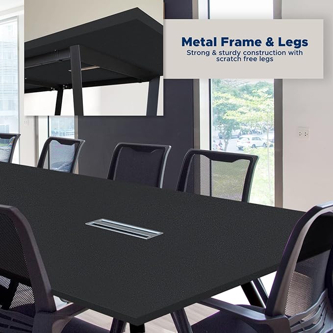 Sturdy Conference Table with Cable Management Grommets Modern Rectangle Office Meeting Table with Wood Tabletop and Metal Frame & Legs- Easy Assembly Boardroom Table (Black, 8 Foot)