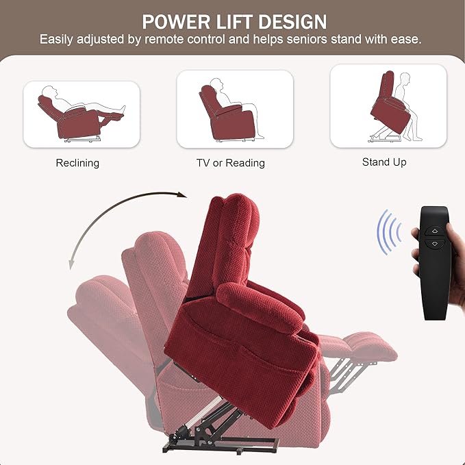 SALOHZA Power Lift Recliner Chair for Elderly with Massage and Heat for Living Room, Electric Recliner Chair for Adults with USB/Type C Port/Cup Holders, Velvet Fabric, Burgundy