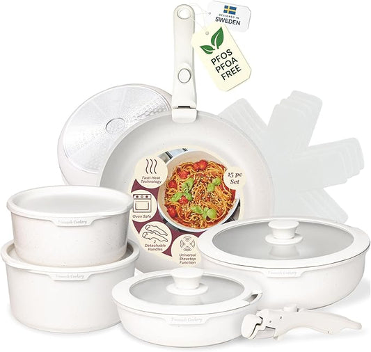 15-Piece White Granite Nonstick Cookware Set – Detachable Handles & Tempered Glass Lids – Stackable & Cool-Touch - Induction & Oven Safe to 480°F - Scratch-Resistant, PFOA & PFOS-Free