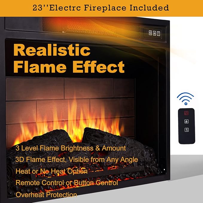 Cheerway 3D Fireplace TV Stand for TVs up to 80’’, Wooden Media Entertainment Center Table & TV Cabinets w/Storage Shelves & Barn Door, Electric Fireplace w/Remote Control