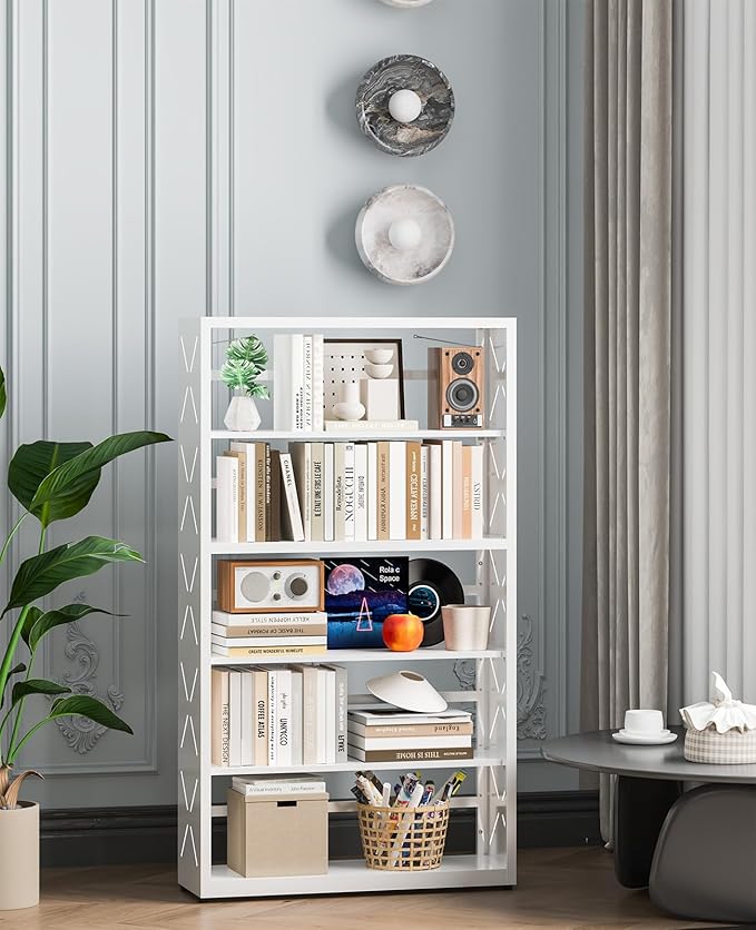 5 Tier Steel Bookshelf, Metal Bookcase with Adjustable Shelves for Home Office, Kitchen, Garage, Modern Storage Dispaly Shelves with Anti-Tip Protection, Heavy-Duty Home Storage Organizer - White